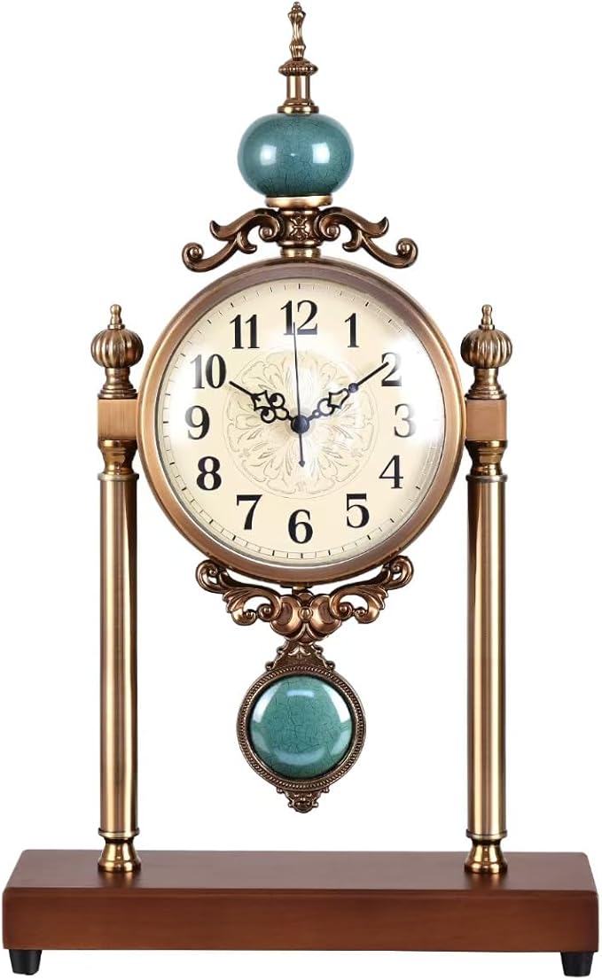 Vintage Mantel Clock, Silent Non-Ticking Table Clock with Pendulum, Luxury Metal & Wood Desk Clock for Living Room, Bedroom, Study Room Decor