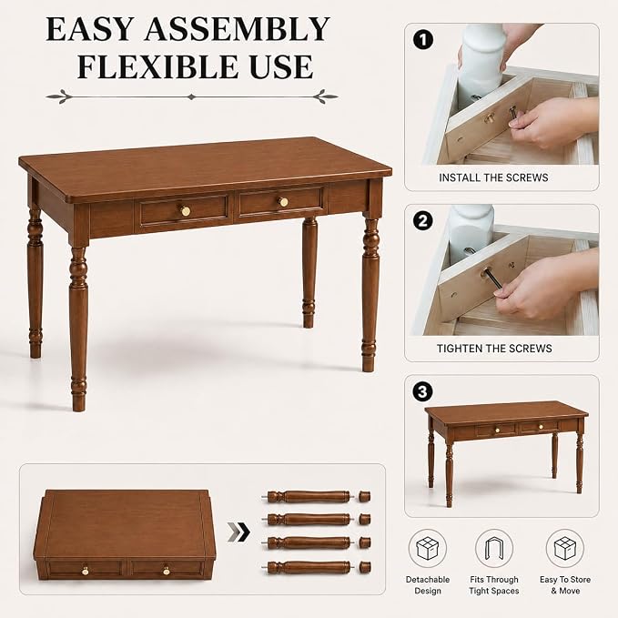 Walnut Writing Desks with Drawers, 47" Solid Wood French Country Style Computer Desk for Home Office, Living Room Study Workspace or Bedroom, Traditional Vanity Dressing Table