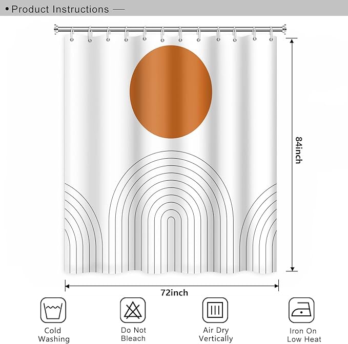 Abstract Mid Century Bohemian Bathroom Shower Curtain Orange Sun Lines Arch with Hooks Waterproof Fabric Polyester, 72x84 Inch