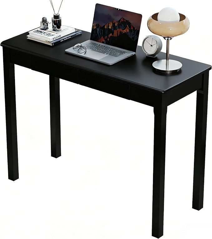 Solid Wooden Desk with Drawers - 39 x 16 Inch Modern Narrow Desks, Rubberwood Simple Study Table, Small Writing Desk for Bedroom|Small Spaces - Black Desks
