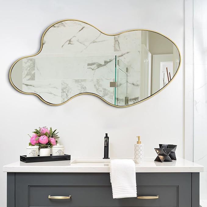 Irregular Wall Mirror, 46.5"x24" Asymmetrical Decorative Accent Mirror with Gold Metal Frame, Large Organic Shape Mirrors for Entryway Bedroom Living Room, Horizontal or Vertical Hanging