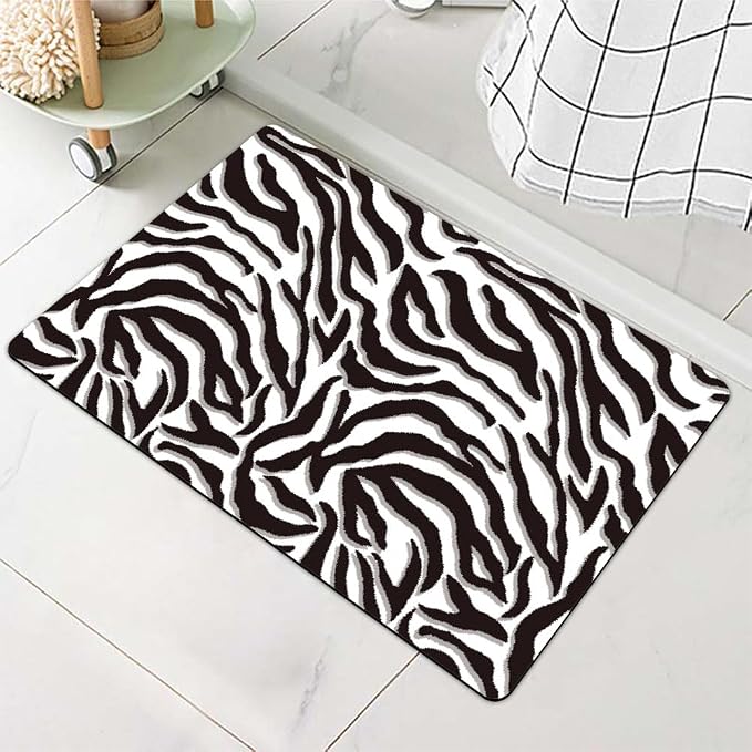 Diatomaceous Earth Bath Mat,Black and White Zebra Print Non-Slip Volume Super Absorbent Fast Drying for Bathroom Kitchen Door mat,Eco-Friendly Easy to Clean 16×24Inch (40 * 60cm)