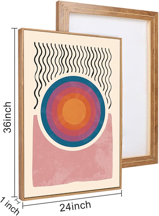 HPINUB Boho Framed Canvas Prints Wall Art Set, Mid-Century Abstract Color Block Shape Wall Decor, Geometric Illustrations Art Photos for Living Room, Bedroom, Dining Room, Office, Bathroom-24"x36"x3