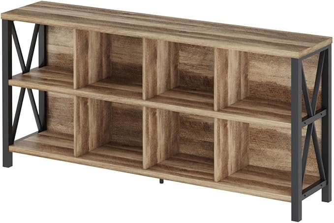 FATORRI 8 Cube Storage Organizer, 62 Inch Heavy Duty Horizontal Bookshelf, Industrial Long Bookcase and TV Stand for 65 Inch TV, Rustic Wood Accent Shelf for Living Room (Rustic Oak)