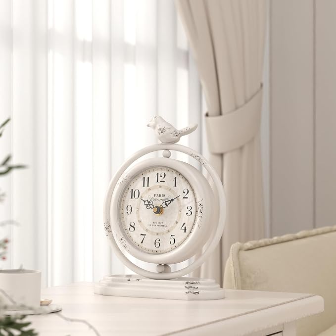 White Vintage Table Clock with Bird, European Retro Style Mantel Clocks, Desk and Shelf Decor Clock, for Living Room, Farmhouse, Bedside, Bedroom, Gift (7.9" H x 6.3" W)