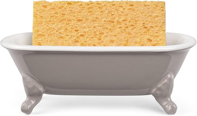 6.5" Ceramic Mini Decorative Clawfoot Bathtub Bar Soap Dish, Kitchen Sponge Holder and Shower Tray for Bathroom, 1 Pack(Taupe)