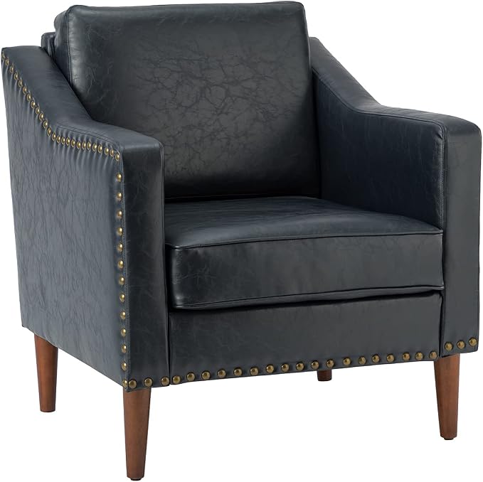 HULALA HOME Faux Leather Accent Armchair with Back & Seat Cushions, Traditional Club Chair with Nailhead Trim, Comfy Upholstered Sofa Chair for Living Room Bedroom, Navy
