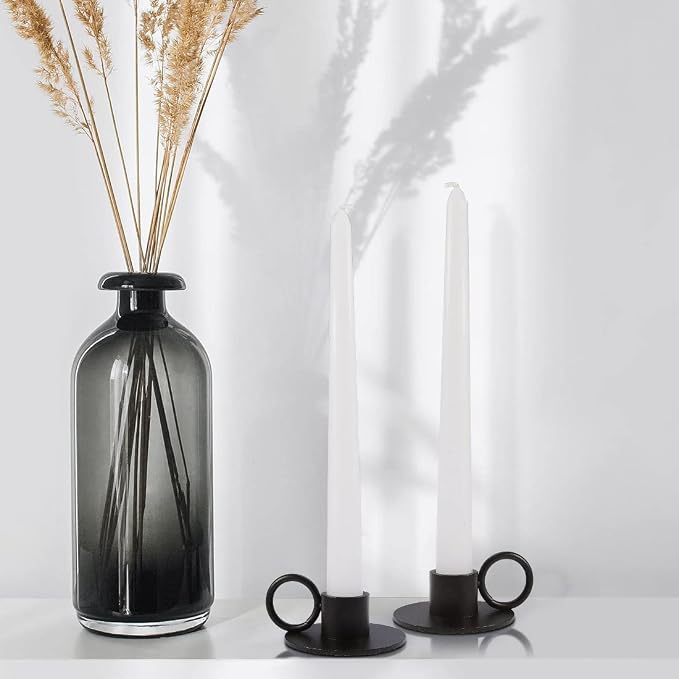 12PCS Black Taper Candle Holders with Round Handle, Matte Iron Candlestick Holders Centerpieces for Home Decoration, Wedding Anniversary, Party, Housewarming Gifts.
