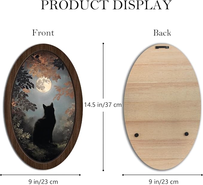 UYIKG Vintage Black Cat Moon Oval Wall Art,Rustic Farmhouse Cottagecore Oval Wall Decor,Farmhouse Country Wooden Framed Decor for Home Bedroom Living Room Reading Room 9x14.6 in