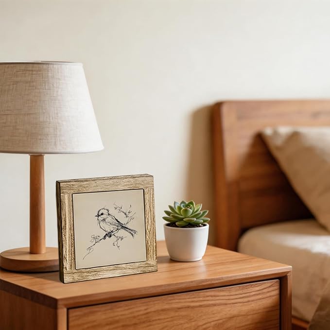 Minimalist Bird Sketch Wooden Desktop Sign, Vintage Line Drawing Bird Wood Plaque Tabletop Decor, Rustic Farmhouse Nature Wooden Sign for Home Office Shelf