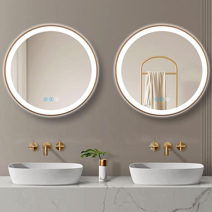 Wood Frame Round LED Bathroom Mirror With Lights 20 Inch, Lighted Vanity Wall Mirror, 3 Color Dimmable Anti-Fog Smart Circle Mirror