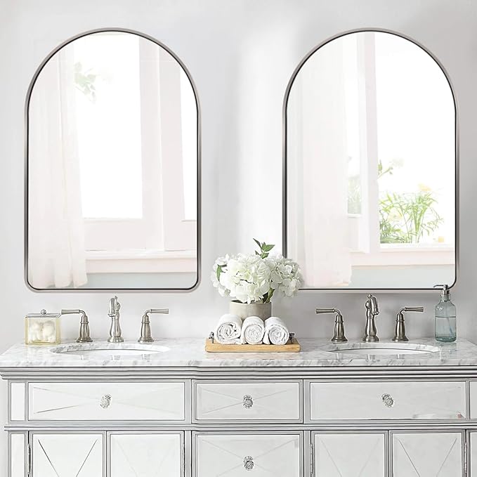 ANDY STAR 30x40’’ Chrome Arched Mirror, Polished Chrome Arched Bathroom Mirror, Arched Wall Mirror in SUS304-Anti-Rust Tube Frame, Wall Mounted Vertical 1'' Deep