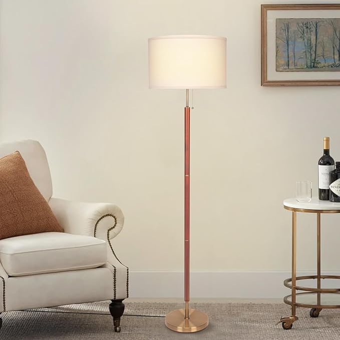 HonoDing Mid-Century Modern Floor Lamp, Walnut Wood Finish, Drum Shade, Living Room Décor (64in, E26 LED)