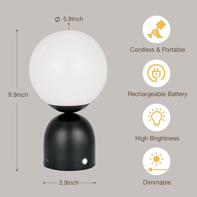 Cordless Globe Glass Table lamp Black, 5200-mAh Rechargeable Orb Lamp, 3-Level Brightness Dimmable, Integrated LED 320 Lumen Max, for Bedside Nightstand Light
