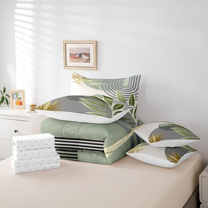 Erosebridal 7 Pcs Mid Century Boho Comforter Set Full Modern Geometric Bedding Sets,Minimalist Bed in a Bag Abstract Sun Aesthetic Arch Curve Leaves Quilt with Flat Fitted Sheet,Green Gold