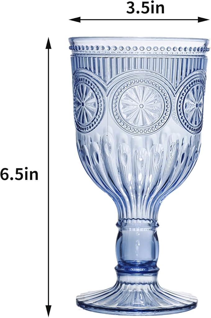 48 Pack Vintage Wine Glasses, Plastic Reusable 12 Ounce Colored Water Goblets, Unique Flower Embossed Pattern Unbreakable Stemmed Wine Glasses High Clear Wedding Party Bar Drinking Cups Blue