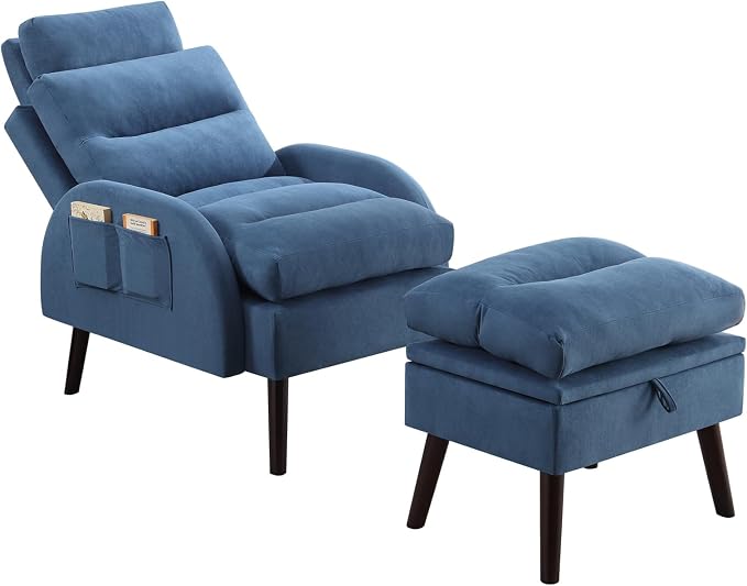 HCHAIRH Accent Chair with Ottoman, Velvet Comfy Reading Chair and Ottoman Set, Modern Oversized Velvet Lounge Sleeper Armchair with Adjustable Backrest for Living Room Bedroom, Blue