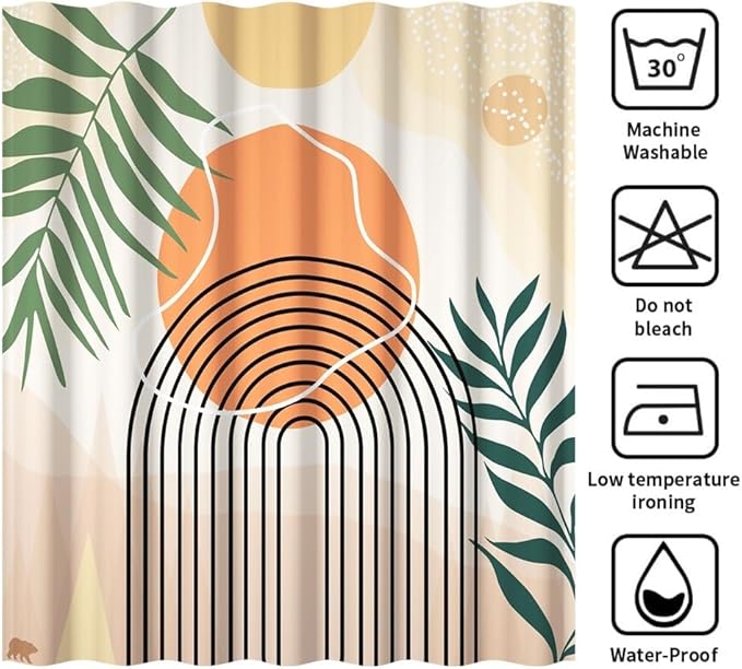 Modern Boho Shower Curtain for Bathroom Abstract Minimalist Bathroom Decor Set Green Leaves Arch Stripes Orange Sun Bathtub Curtains Machine Washable Waterproof Polyester Fabric with Hooks 48x72 Inch