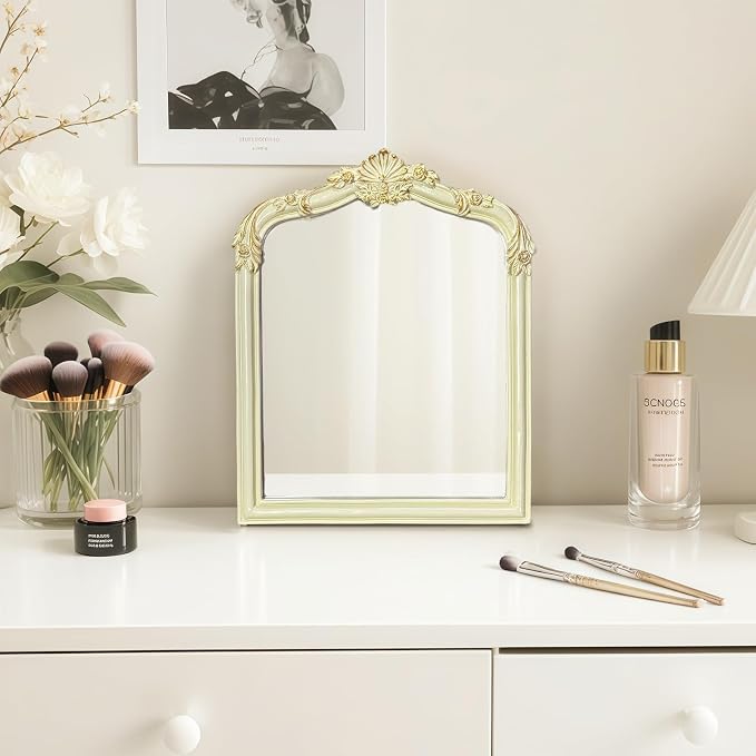 Cream Flower Bow Mirror - 13x10 Inch Elegant Decorative Accent, Wall-Mounted & Tabletop Makeup Mirror for Bedroom Decor