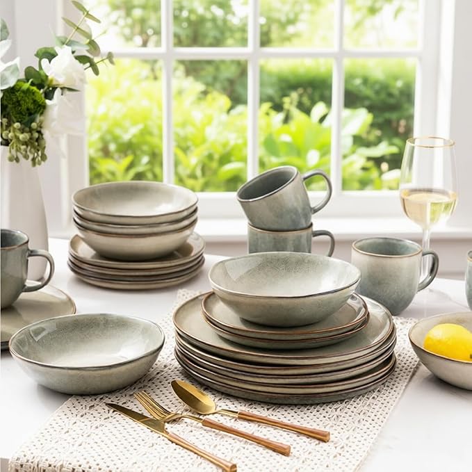 AmorArc Ceramic Dinnerware Sets of 8,Handmade Reactive Stoneware Glaze Plates and Bowls Sets,Highly Scratch Resistant | Dishwasher & Microwave Safe,Service for 8 Dishes Set (24pc)