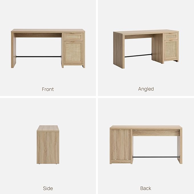 SICOTAS Rattan Home Office Desk with Drawer, 59" Farmhouse Boho Executive Desk with Storage Cabinet, Large Computer Writing Table Vanity Desk for Office, Study, Living Room, Light Oak