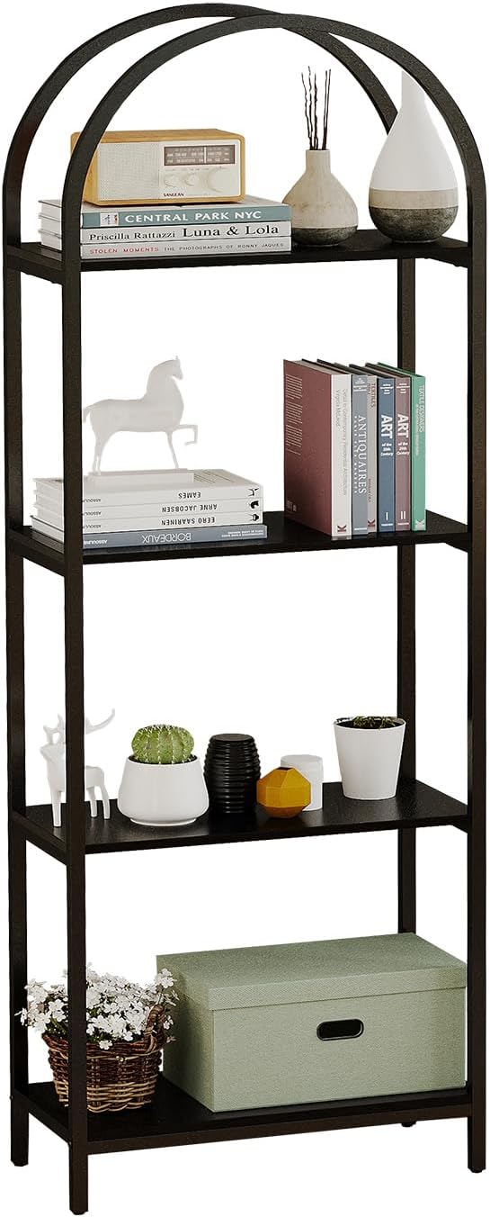 Bookshelf Arched Bookcase, 4 Tier Open Shelves with Metal Frame, Tall Freestanding Display Shelf for Home Office, Living Room,Easy Asssemble, Black
