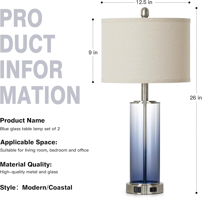Ruzectt 26" Glass Table Lamp Single, 3-Way Dimmable Touch Control Living Room Lamp with USB C+A Ports & AC Outlet, Coastal Bedside Lamps, Bedroom Lamps for Nightstand Side End Table Desk, Blue-1PK