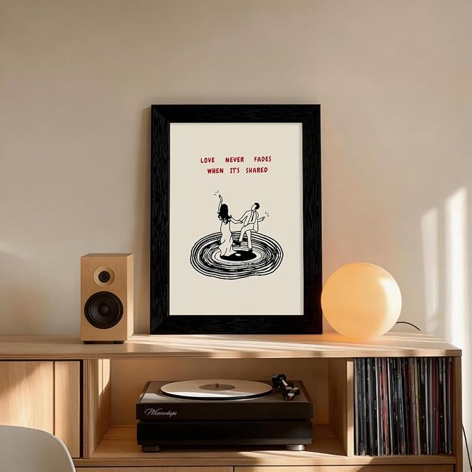 Romantic Valentines Day Couple Dance Wall Art Modern Love Quotes Poster Minimalist Vinyl Record Canvas Prints for Living Room Bedroom Home Wall Decor 012X16 inch Black Framed