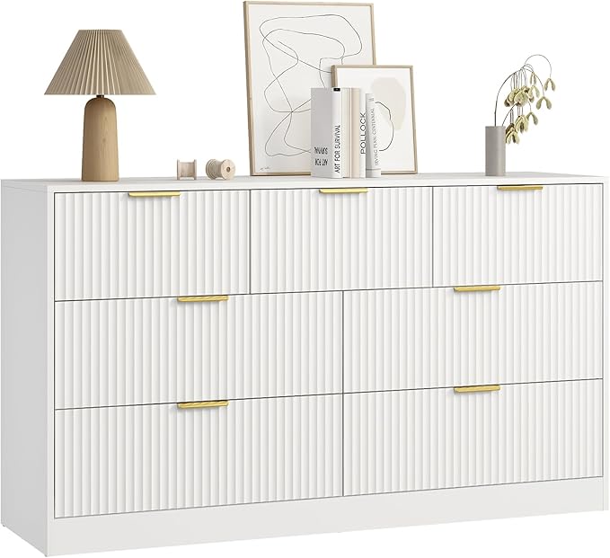 7 Drawers Dresser for Bedroom,55" Wide Fluted Dresser with Deep Drawers, Modern Chest of Drawers, Wood TV Stand Storage Organizer for Closet, Living Room, Hallway, White