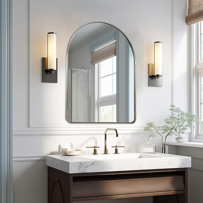 ANDY STAR Brushed Nickel Arched Mirror, 26x38’’ Arched Bathroom Mirro for Wall in Tube Metal Frame, SUS304-Anti-Rust, 1’’ Deep Set Wall Mounted Vertical