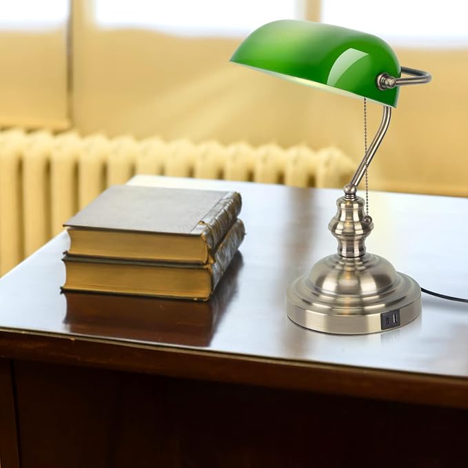 Green Bankers Lamp with Pull Switch, Retro Desk Lamp with USB & Type C Charging Ports, Antique Library Lamp for Home Office, Library, Study Room