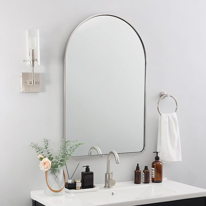 ANDY STAR Chrome Arched Bathroom Mirror, 24x36’’ Arched Wall Mirrors, Chrome Bathroom Vanity Mirror Over Sinks, Bathroom, Entryway in SUS304-Anti-Rust Tube Metal Frame Wall-Mounted Vertical 1’’ Deep