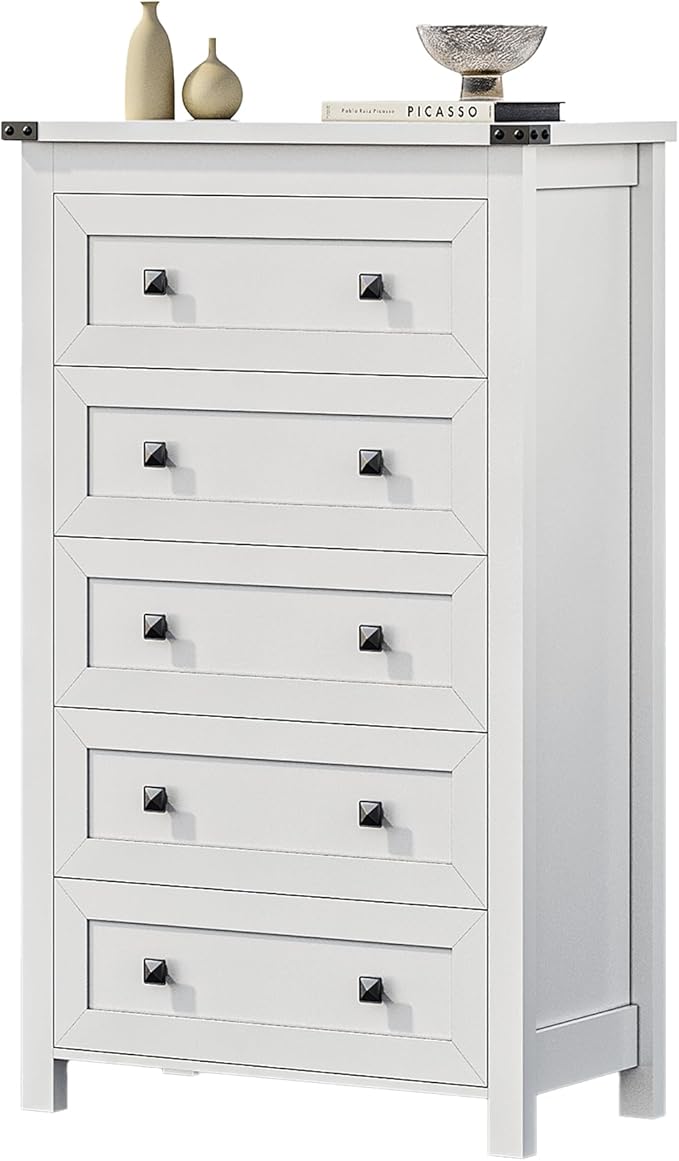White Dresser Tall 5 Drawer Dresser for Bedroom, Wood Chest of Drawers with Metal Handles, Modern Storage Cabinet and Organizer Drawers for Living Room, Hallway