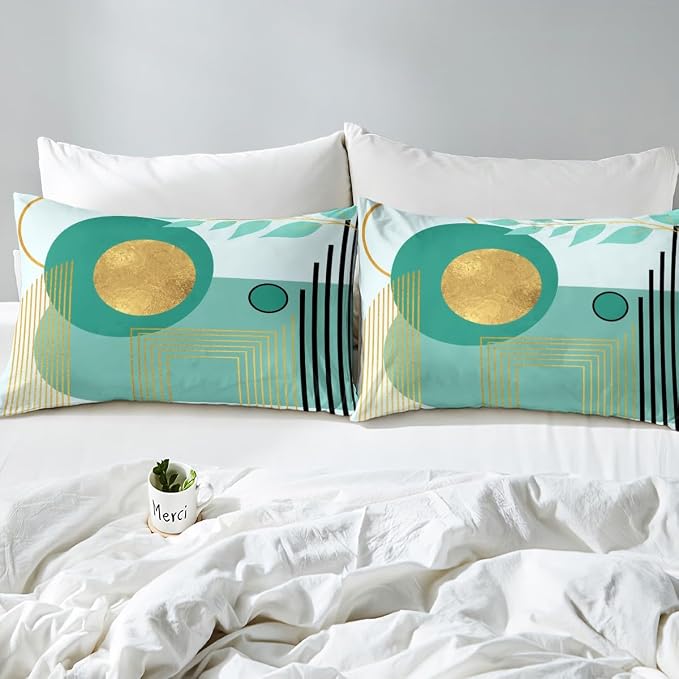 Erosebridal Boho Mid Century Queen Comforter Cover Turquoise Neutral Modern Duvet Cover Geometric Abstract Bed Set Minimalist Aesthetic Bedding Set