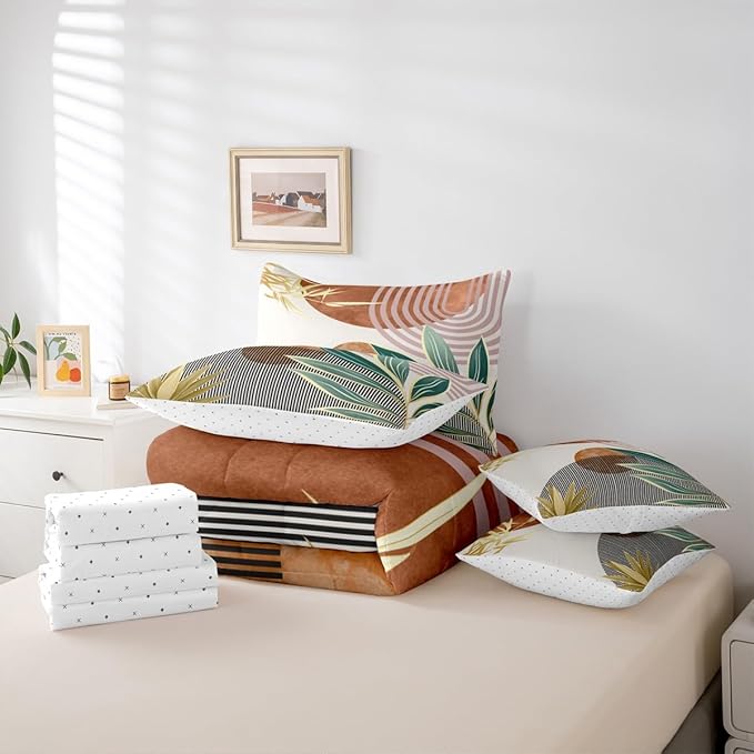 Erosebridal 7 Piece Boho Mid Century Bedding Sets Full Vintage Comforter Set for Boys Girls,Abstarct Retro Stripes Bed in a Bag Modern Minimalist Simplistic Sheet Set with Comforter,Brown