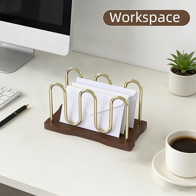 Metal Mail Organizer for Desk, Letter Holder Countertop with Wood Base Envelope Storge Paper Sorter for Bills Invoices (Walnut)