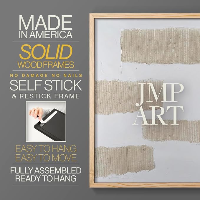 Renditions Gallery Set of 2 Peel & Stick Framed Prints, Modern Abstract Wall Art, Textured Brush Strokes Wall Decor, Re-Stickable - Ready to Hang - 22"x28" - NATURAL WOOD Frame LT588
