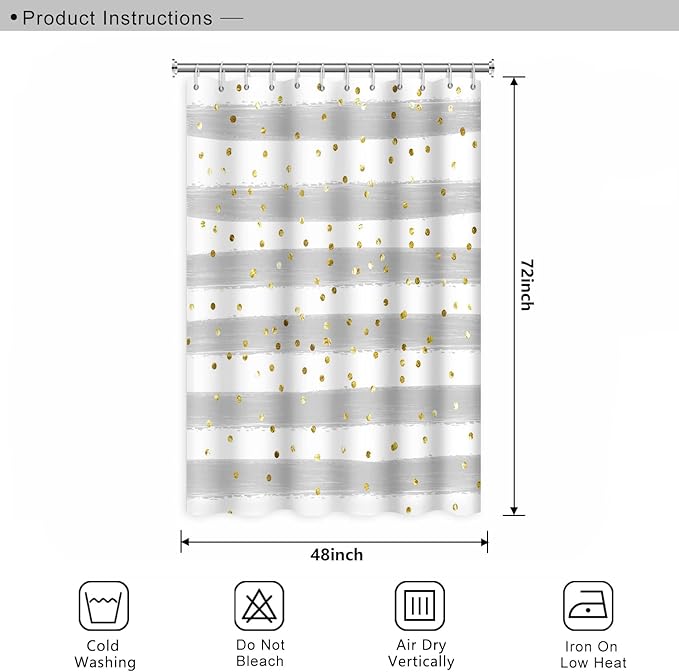 Grey and White Stripes Shower Curtain for Bathroom Abstract Lines Gold Spots Shower Curtain Waterproof Polyester Fabric Modern Art Aesthetics Home Decor Bath Curtain with Hooks, 48x72 Inch