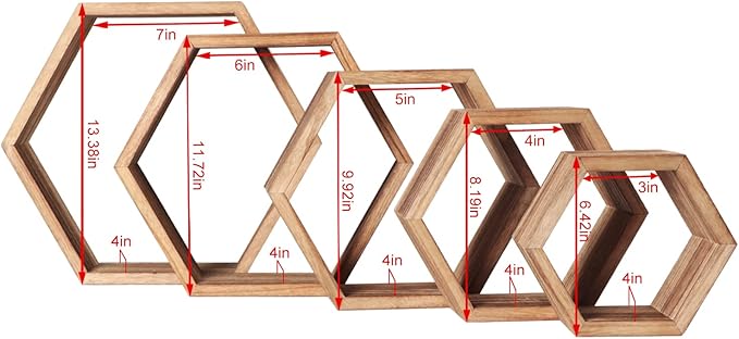 Hexagon Shelves for Wall,Hexagon Floating Shelf Set of 5,Honeycomb Shelves Octagon Hanging Cube Rustic Wood Wall Mounted for Living Room Bedroom Kitchen Bathroom Office Home Decor(Carbonized Brown)