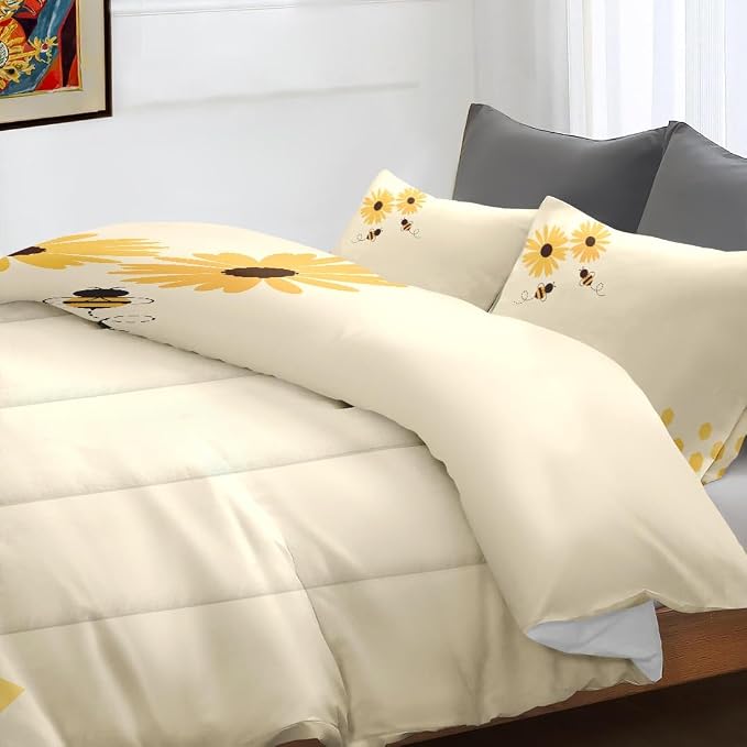 Comforter Set with 2 Pillowcases Full Size, Honey Bee Themed Yellow Sunflower, Bed Decor Cute Daisy Flower Bumble Honeycomb for Kids and Adults, Soft Cozy Bedroom Bedding Set