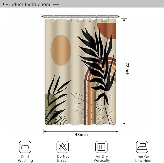 Abstract Mid Century Bohemian Bathroom Shower Curtain Eucalyptus Leaves Colorful Arch Sun Shower Curtain with Hooks Waterproof Fabric Polyester Shower Curtain Art Home Decor, 48x72 Inch