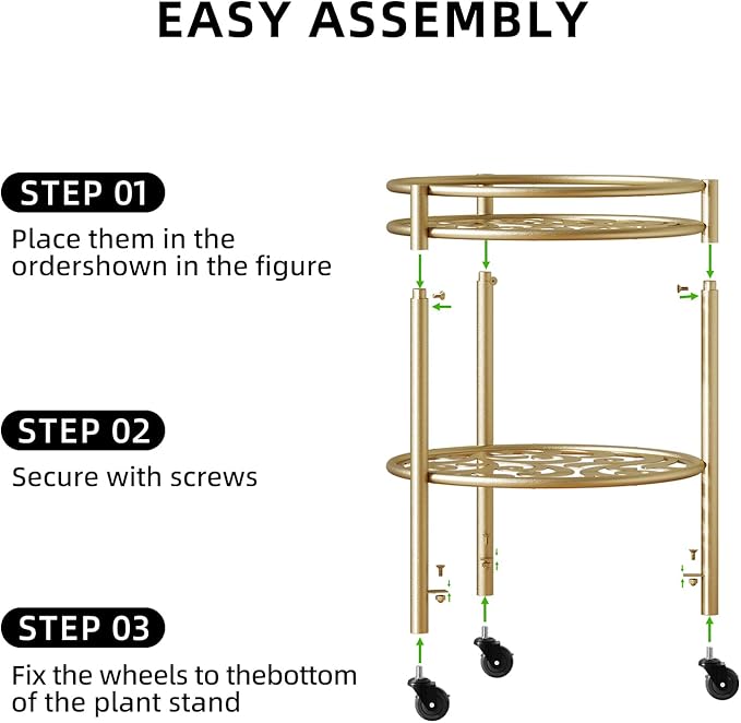 2 Tier Rolling Plant Stand with Wheels, Mid Century Modern Metal Stand for Planters, 2 Sizes 9 Inch & 11 Inch, Indoor Outdoor Movable Flower Pot Holder for Decor Home Garden Patio Load Bearing 165 LB 2 Pack Gold
