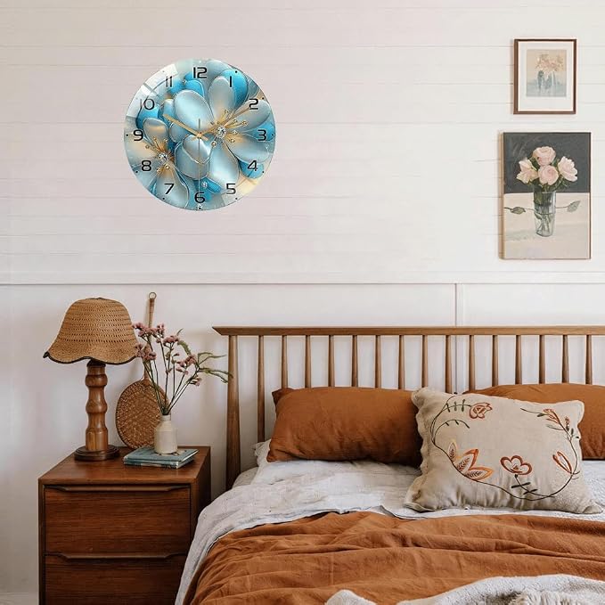 12 Inch Blue Floral Glass Wall Clock Silent Modern Art Decor | Silent glossy wall clock with 3D blue florals and jewel accents, elegantly tracking time for your living room or bedroom