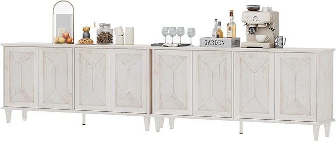WAMPAT 130-inch Handcrafted Patchwork Decorative Buffet Cabinet with Pop-Up Design Doors,2-in-1 Large Modern Farmhouse Accent Credenza for Coffee Bar, Kitchen, and Living Room, Pale Oak