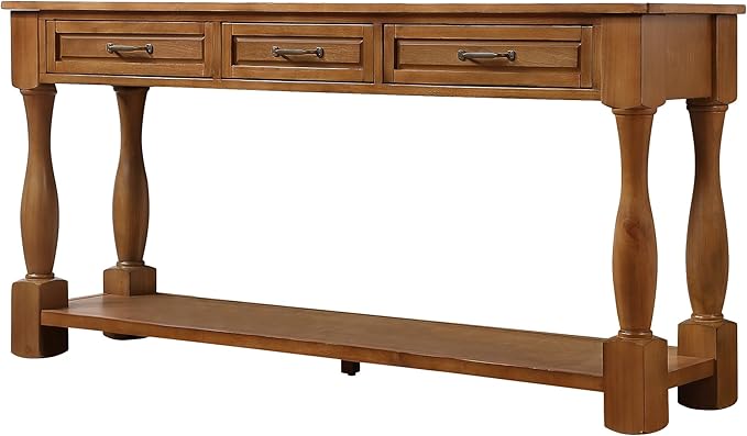 Merax Retro Entryway Table with 4 Drawers, Console Table with Open Storage Shelf for Entryway, Wood Side Table with Thick Legs for Living Room Bedroom, Brown