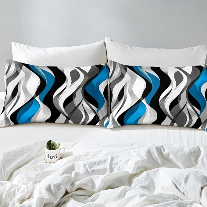 Blue Black Stripes Duvet Cover Set Full Size,Abstract Striped Geometric Wave Bedding Set,Boys Girls Room Decor,Contemporary Art Geometric Comforter Cover,Simple Quilt Cover,2 Pillowcases(No Filler)