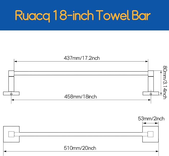 RUACQ Chrome Towel Bar 18 inch, 304 Stainless Steel Towel Racks for Bathroom Wall Mounted, Heavy Duty Bath Towel Rod with Square Base(Chrome)
