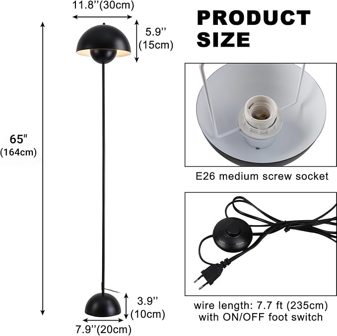 COSYLUX Modern Floor Lamp for Living Room, Industrial Tall Standing Lamp for Bedroom, Metal Shade Reflecting Light Reading Floor Lamp for Office, Nursery Room, Corner(Matte Black)