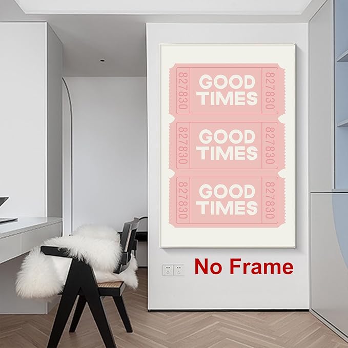 Good Times Ticket Wall Art Pink Retro Poster Bar Cart Prints Pink White Painting Pink Trendy Pictures Ticket Poster Beige Modern Wall Art Preppy Aesthetic Paintings for Living Room 16x24in Frameless