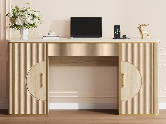 60" Fluted Computer Desk, Wooden Long Home Office Writing Desk with Drawer & Storage Cabinet, Modern Writing Table with Charging Station, High Executive Desk for Office,Bedroom, Nature Oak